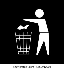 Trash bin or trash can, recycling sign icon, man throws a garbage in the trash. symbol in vector isolated on a black background.  