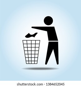 Trash bin or trash can, recycling sign icon, man throws a garbage in the trash. symbol in vector isolated on a light blue background.  