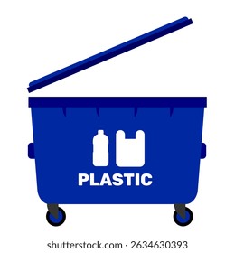 Trash bin or trash can wide type with plastic label blue colour clip art vector illustration. Waste management graphic resource for education