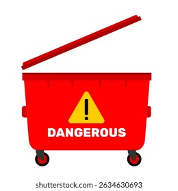 Trash bin or trash can wide type with dangerous label red colour clip art vector illustration. Waste management graphic resource for education