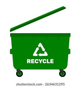 Trash bin or trash can wide type with recycle label green colour clip art vector illustration. Waste management graphic resource for education