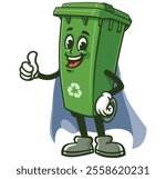 Trash Bin with caped superhero style,  Cartoon Character Mascot Illustration Vector Clip-art Hand-drawn Logo Design