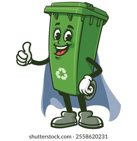 Trash Bin with caped superhero style,  Cartoon Character Mascot Illustration Vector Clip-art Hand-drawn Logo Design