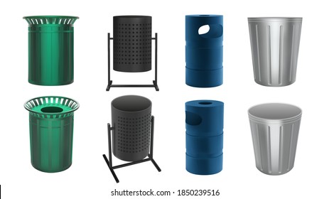 Trash bin for city streets and parks. Metal cans for garbage and waste. Vector set in 3d realistic style. Trash bin isolated on white background. Urban design for public sidewalks