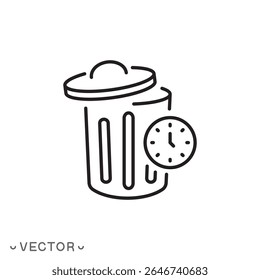 lixeira com ícone de relógio, limpeza de horas, perda de tempo, tempo de reciclagem, conceito de desperdício, símbolo de linha fina isolado no fundo branco, traço editável eps 10 ilustração vetorial