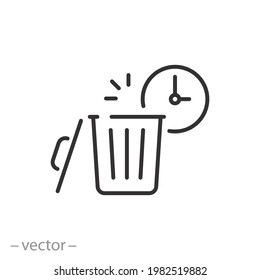 trash bin with clock, icon, recycle time, hour cleaning, waste, thin line symbol on white background - editable stroke vector eps10