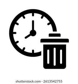 Trash bin and clock symbolizing unproductive use of time