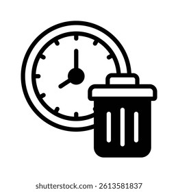 Trash bin and clock symbolizing unproductive use of time