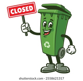 Trash Bin with closed sign,  Cartoon Character Mascot Illustration Vector Clip-art Hand-drawn Logo Design