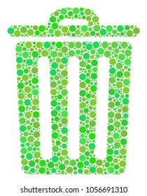 Trash Bin collage of filled circles in various sizes and ecological green color tinges. Vector round dots are combined into trash bin collage. Fresh design concept.