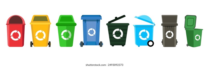 Trash bin collection in a flat design. Set of different garbage bin. Vector garbage bin, trash bin.