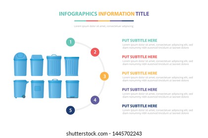 trash bin collection infographic template concept with five points list and various color with clean modern white background - vector