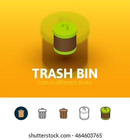 Trash bin color icon, vector symbol in flat, outline and isometric style isolated on blur background