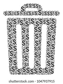 Trash Bin composition of american dollars. Vector dollar currency symbols are united into trash bin mosaic.