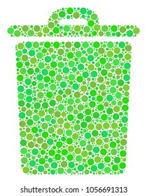Trash Bin composition of filled circles in various sizes and ecological green color hues. Vector filled circles are grouped into trash bin illustration. Ecological vector illustration.