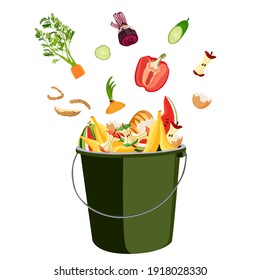 Trash Bin For Composting With Leftover From Kitchen. Kitchen Food Waste. Zero Waste. Vector Illustration.