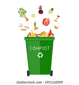 Trash bin for composting with leftover from kitchen. Kitchen food waste. Zero waste. Vector illustration.