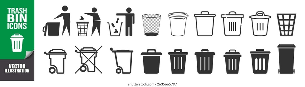 Trash bin and delete icon set. Garbage, dustbin, basket, recycle and remove symbols on transparent background