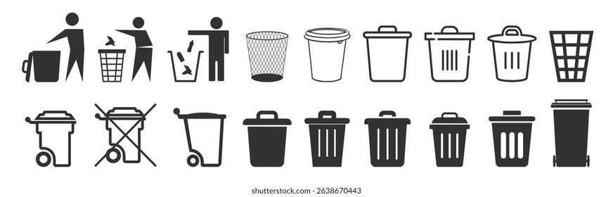 Trash bin and delete icon set. Garbage, dustbin, basket, recycle and remove symbols on transparent background