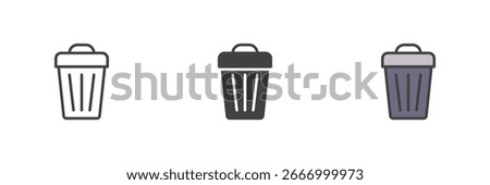 Trash bin delete icon set with line, solid and filled outline colorful style. Vector symbol for garbage, remove, waste, recycle, and delete icon design.