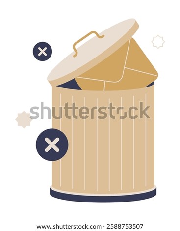 Trash Bin With Deleted Envelope And Icons In Flat Vector Illustration Symbolizing Email Cleanup, Inbox Organization, And Digital Management, Isolated On White Background