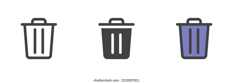 Trash bin different style icon set. Line, glyph and filled outline colorful version, outline and filled vector sign. Delete symbol, logo illustration. Vector graphics