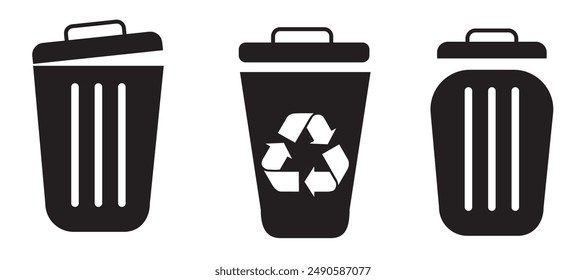 Trash bin in different style icons. Recycle bin vector illustration.