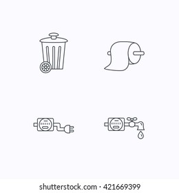 Trash bin, electricity and water counter icons. Toiler paper linear sign. Flat linear icons on white background. Vector