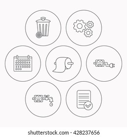 Trash bin, electricity and water counter icons. Toiler paper linear sign. Check file, calendar and cogwheel icons. Vector