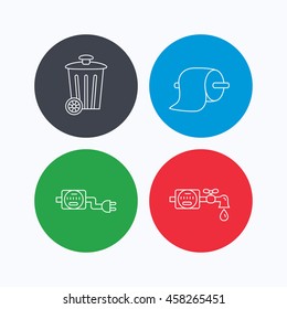 Trash bin, electricity and water counter icons. Toiler paper linear sign. Linear icons on colored buttons. Flat web symbols. Vector