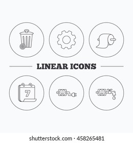 Trash bin, electricity and water counter icons. Toiler paper linear sign. Flat cogwheel and calendar symbols. Linear icons in circle buttons. Vector