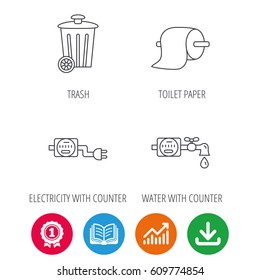Trash bin, electricity and water counter icons. Toiler paper linear sign. Award medal, growth chart and opened book web icons. Download arrow. Vector