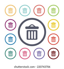 trash bin flat icons set. Open round colorful buttons. Vector 