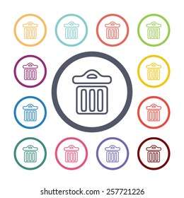 trash bin flat icons set. Open colorful buttons 