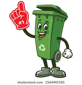 Trash Bin with Foam finger,  Cartoon Character Mascot Illustration Vector Clip-art Hand-drawn Logo Design