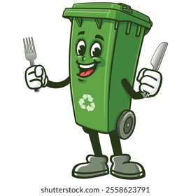 Trash Bin with fork and knife,  Cartoon Character Mascot Illustration Vector Clip-art Hand-drawn Logo Design