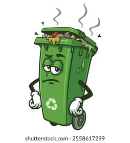 Trash Bin with frowning face, sullen,  Cartoon Character Mascot Illustration Vector Clip-art Hand-drawn Logo Design