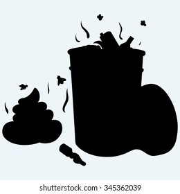 Trash bin full of garbage and feces. Isolated on blue background. Vector silhouettes