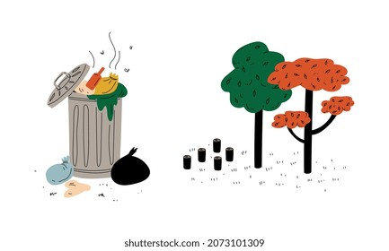 Trash Bin Full of Stinky Garbage and Deforestation or Forest Fell Vector Set