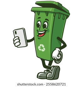 Trash Bin with gadget,  Cartoon Character Mascot Illustration Vector Clip-art Hand-drawn Logo Design