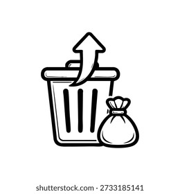 Trash bin with garbage bag and arrow simple black and white cleaning service vector icon