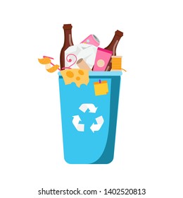 Trash bin. Garbage can with different waste inside. Plastic, paper, glass bottles and other household rubbish. Vector illustration