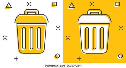 Trash bin garbage icon in comic style. Trash bucket vector cartoon illustration pictogram. Garbage basket business concept splash effect.