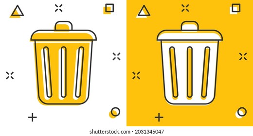 Trash bin garbage icon in comic style. Trash bucket vector cartoon illustration pictogram. Garbage basket business concept splash effect.