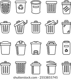 Trash bin Garbage icon in line set. vector for apps or web trash dustbin sign icon isolated on transparent background elements Waste Disposal, Waste Management, Landfill, Can, Dumping, Dumpster