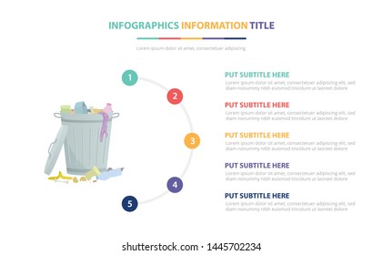 trash bin garbage infographic template concept with five points list and various color with clean modern white background - vector