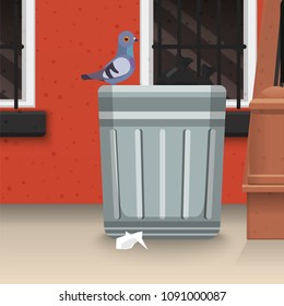 Trash bin garbage with pigeon on it. Vector flat illustration