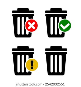 Trash bin or garbage bin vector icons collection set clip art. Trash bin with icon accept decline and attention badge vector illustration