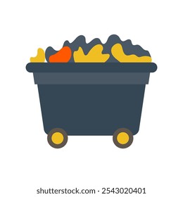 Trash bin with garbage and wheels in flat design. Street cleaning container. Vector illustration isolated.