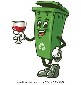 Trash Bin with a glass of drink,  Cartoon Character Mascot Illustration Vector Clip-art Hand-drawn Logo Design